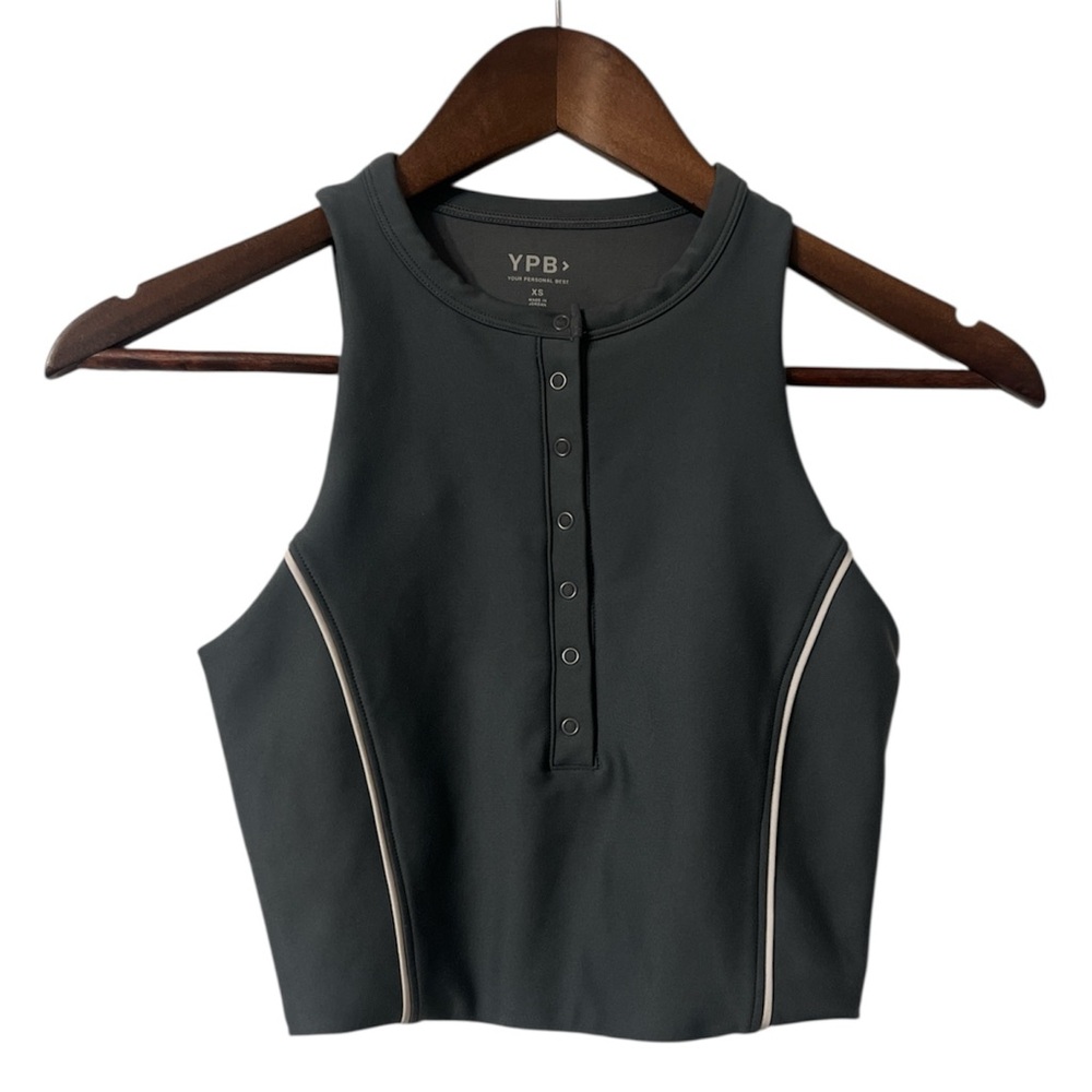 Grey Sleeveless Henley Crop Top with Contrast Piping